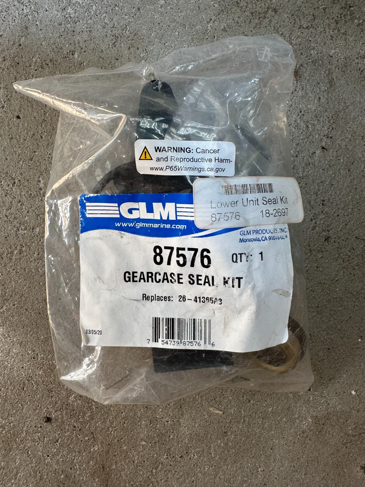 26-41365A3 MERCURY, GEARCASE SEAL KIT, GLM 87576, SIERRA 18-2697