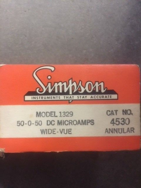 New Simpson Model 1329, 50-0-50 DC Microamps, Wide Vue, Cat No 4530 Annular